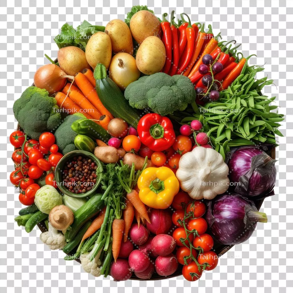 عکس دوربری چیدمان دایره ای از سبزیجات و میوه ها با پس زمینه شفاف