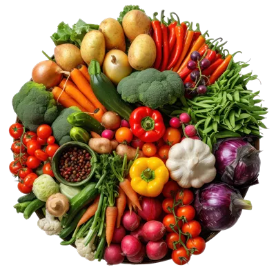 عکس دوربری چیدمان دایره ای از سبزیجات و میوه ها با پس زمینه شفاف
