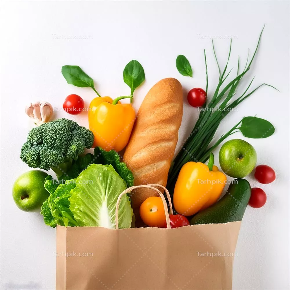 عکس تصویری زیبا از مواد غذایی سالم و گیاهی در یک کیسه کاغذی
