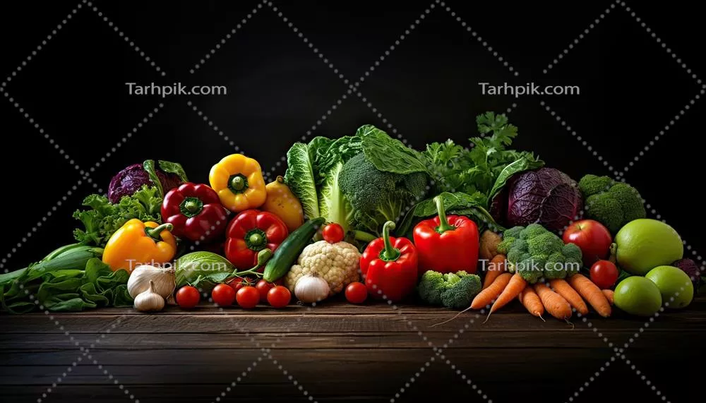 عکس تصویری خلاقانه از برداشت ارگانیک سبزیجات و مواد غذایی گیاهی بر روی چوب تیره و روستایی