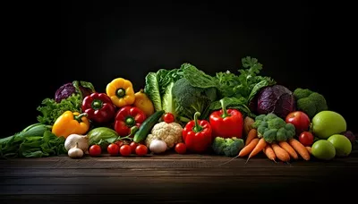 عکس تصویری خلاقانه از برداشت ارگانیک سبزیجات و مواد غذایی گیاهی بر روی چوب تیره و روستایی