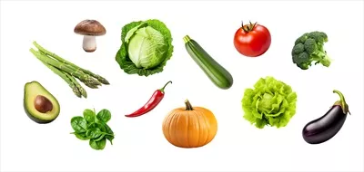 عکس مجموعه ای از سبزیجات تازه و سالم شامل مارچوبه، کلم، گوجه فرنگی و کدو حلوایی