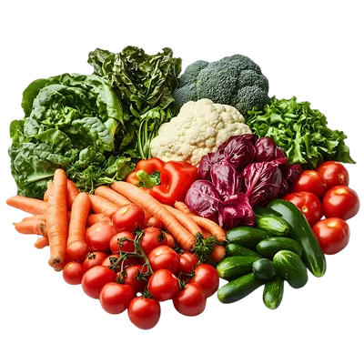 عکس دوربری سبزیجات تازه با پس زمینه شفاف شامل هویج، گوجه فرنگی و کلم بروکلی