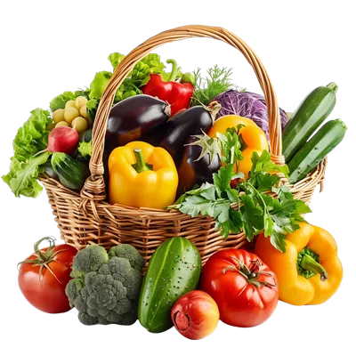 عکس دوربری سبد بافته شده پر از میوه ها و سبزیجات ارگانیک رنگارنگ