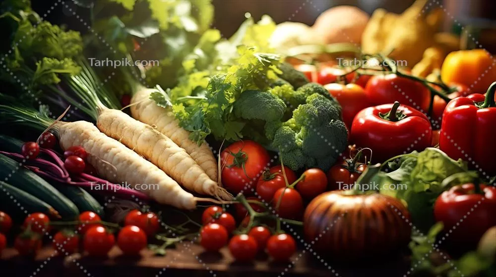 عکس نمای نزدیک از انواع سبزیجات تازه بر روی میز - تصویر هنری و جذاب