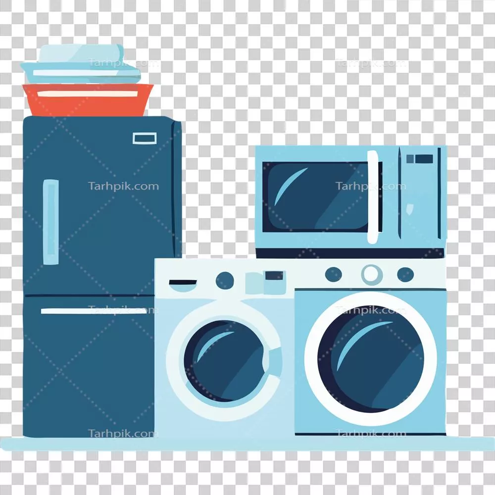 عکس دوربری تصویری از لوازم خانگی شامل ماشین لباسشویی، مایکروویو و یخچال