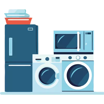عکس دوربری تصویری از لوازم خانگی شامل ماشین لباسشویی، مایکروویو و یخچال