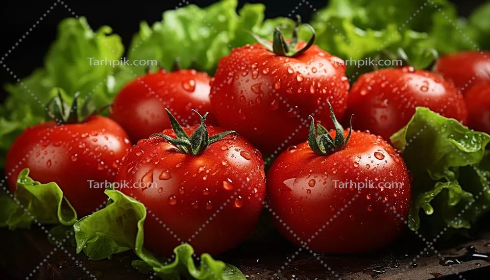 عکس سالاد گوجه فرنگی تازه و سالم با سبزیجات ارگانیک و میوه های رسیده
