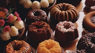 عکس مجموعه ای از کیک های باندت و شیرینی های متنوع با طراحی هنری