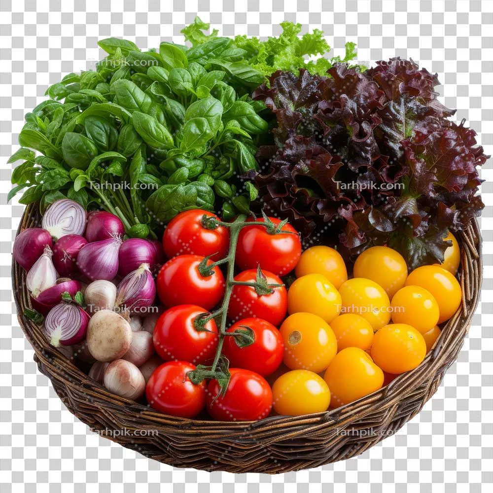 عکس دوربری سبد بافتنی پر از سبزیجات تازه و خوشمزه برای برداشت فراوان
