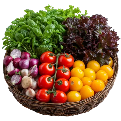 عکس دوربری سبد بافتنی پر از سبزیجات تازه و خوشمزه برای برداشت فراوان