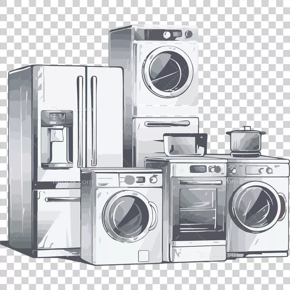 عکس دوربری مجموعه ای از لوازم خانگی شامل ماشین لباسشویی و خشک کن