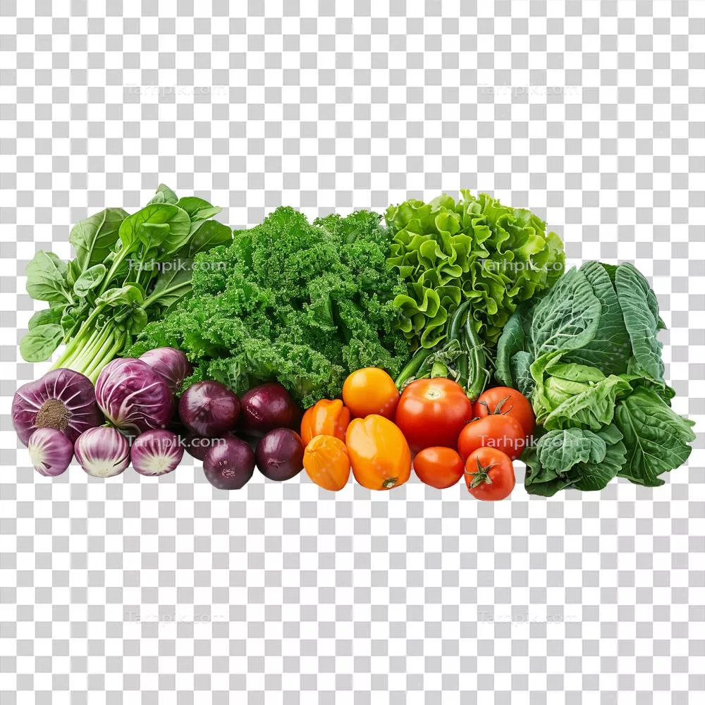 عکس دوربری نمایش متنوعی از سبزیجات و میوه ها بر روی پس زمینه سفید