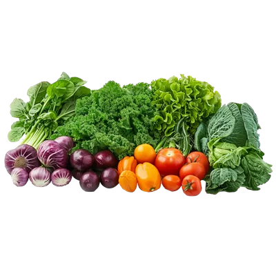 عکس دوربری نمایش متنوعی از سبزیجات و میوه ها بر روی پس زمینه سفید