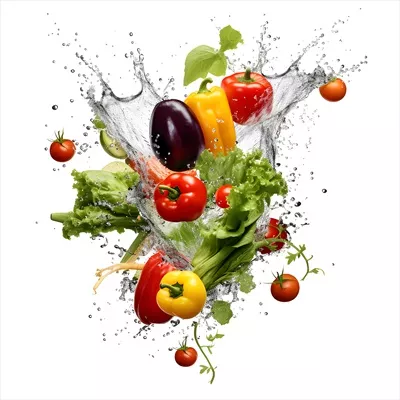 عکس تصویری زیبا از سبزیجات تازه و آبپاشی آنها برای نمایش طراوت