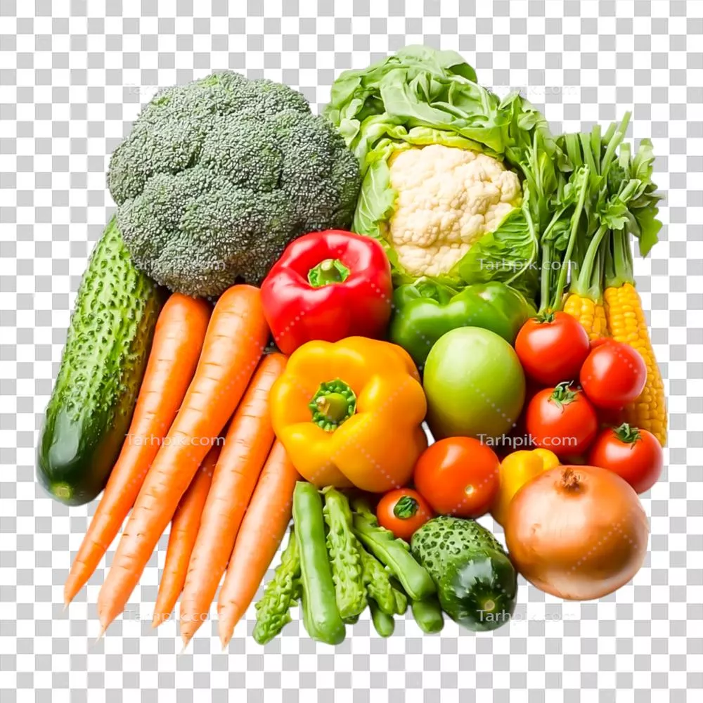 عکس دوربری ترکیب تازه و رنگارنگ از سبزیجات متنوع و خوشمزه