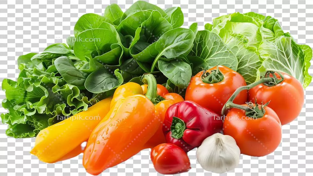 عکس دوربری ترکیب تازه و متنوعی از سبزیجات و گیاهان خوشمزه و سالم