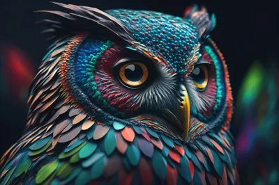 عکس پرتره جالب و انتزاعی جغد با رنگ های زنده و تکنیک دوگانه