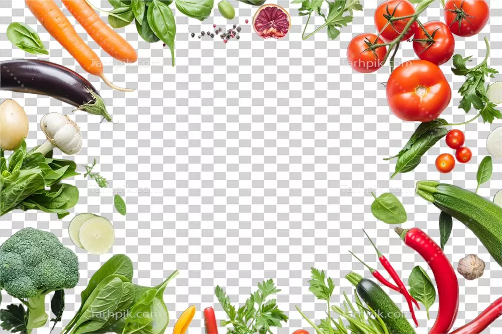 عکس دوربری ترکیب زیبای سبزیجات و میوه ها در یک دایره بر روی زمینه سیاه