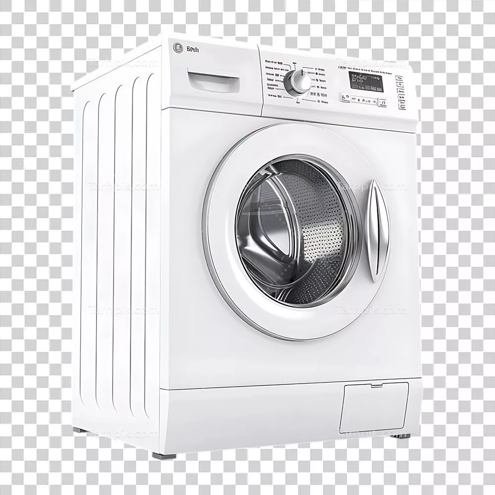 عکس دوربری ماشین لباسشویی با طراحی مدرن در پس زمینه شفاف و زیبا