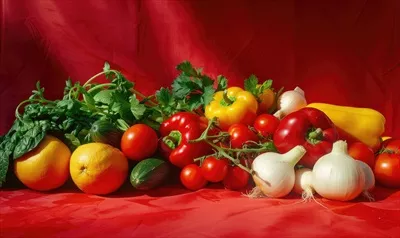 عکس تصویری زیبا از میوه ها و سبزیجات تازه بر روی پس زمینه قرمز