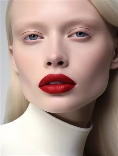 عکس پرتره ای زیبا از یک زن جوان آلبینو با لب های قرمز و زیبایی طبیعی