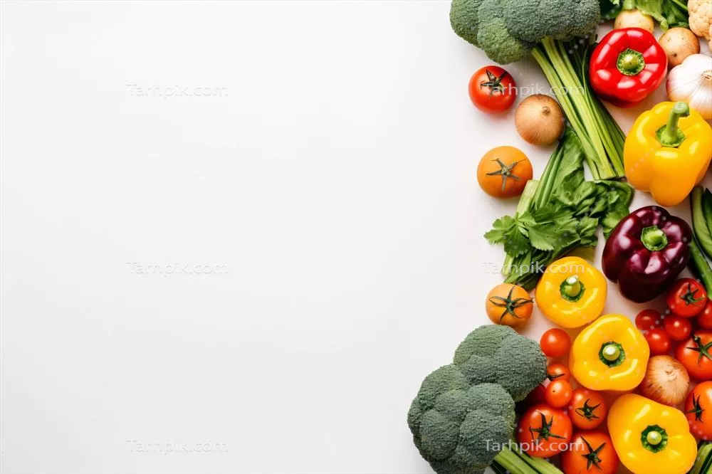 عکس چیدمان زیبا و هنری سبزیجات بر روی پس زمینه سفید برای الهام از رژیم غذایی سالم