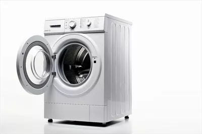 عکس ماشین لباسشویی جلو بار با طراحی مدرن و کنترل الکترونیکی در پس زمینه سفید