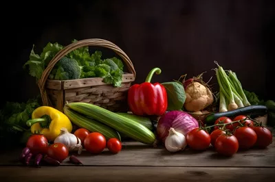 عکس تصویری زیبا از تنوع سبزیجات ارگانیک بر روی پس زمینه چوبی تیره