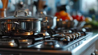 عکس اجاق گاز مدرن با قابلمه در حال پخت و پز در آشپزخانه