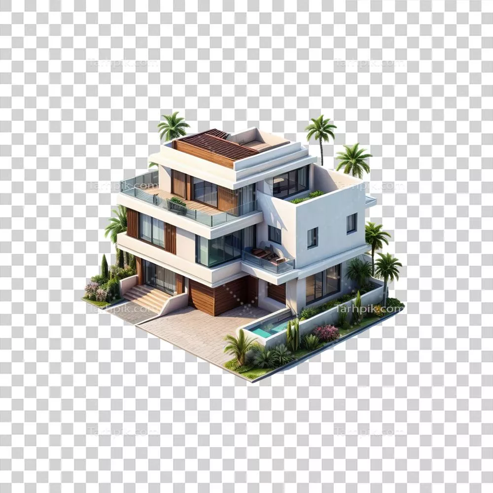 عکس دوربری مدل سه بعدی یک خانه مدرن با درختان نخل و طراحی زیبا