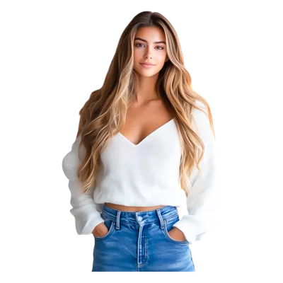 عکس دوربری زنی جوان با سویشرت سفید و موی بلند در حالتی طبیعی و دلنشین