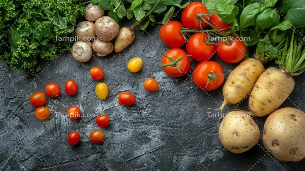 عکس تصویری زیبا از دایره ای پر از گوجه فرنگی، کاهو و سبزیجات تازه