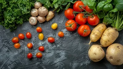 عکس تصویری زیبا از دایره ای پر از گوجه فرنگی، کاهو و سبزیجات تازه