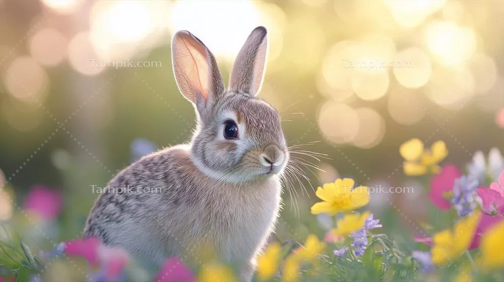 عکس دختر جوانی در کنار یک خرگوش در مزرعه ای پر از گل های صورتی در بهار
