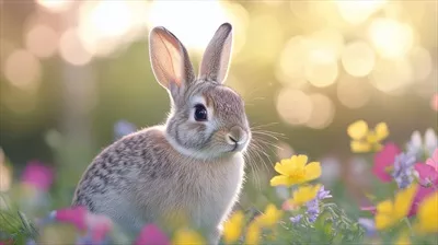 عکس دختر جوانی در کنار یک خرگوش در مزرعه ای پر از گل های صورتی در بهار