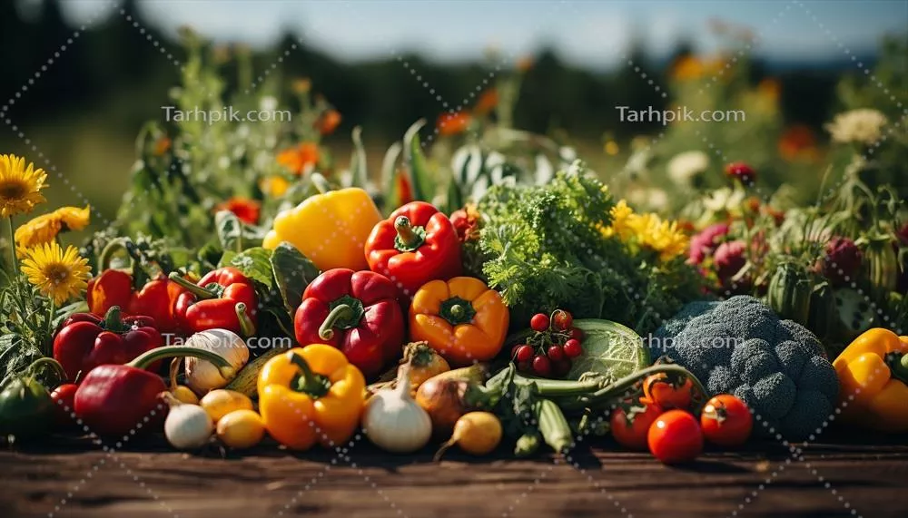 عکس سبزیجات تازه و ارگانیک تولید شده توسط هوش مصنوعی بر روی میز چوبی روستایی
