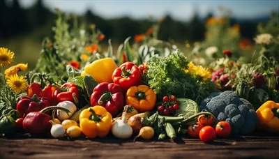 عکس سبزیجات تازه و ارگانیک تولید شده توسط هوش مصنوعی بر روی میز چوبی روستایی