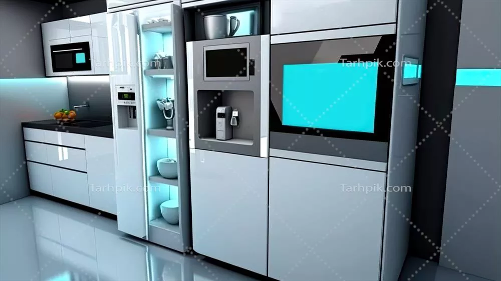 عکس آشپزخانه ای مدرن با وسایل هوشمند و صفحه نمایش لمسی