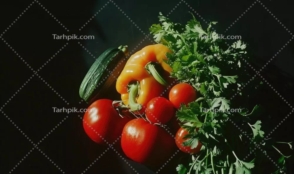 عکس تصویری زیبا از سبزیجات تازه بر روی پس زمینه ای تیره و جذاب
