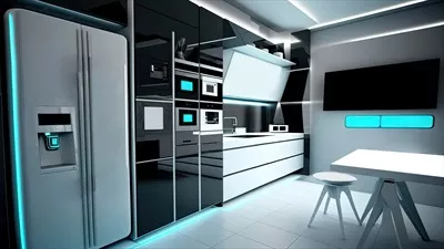 عکس آشپزخانه ای مدرن با وسایل هوشمند و صفحه نمایش برای راحتی بیشتر