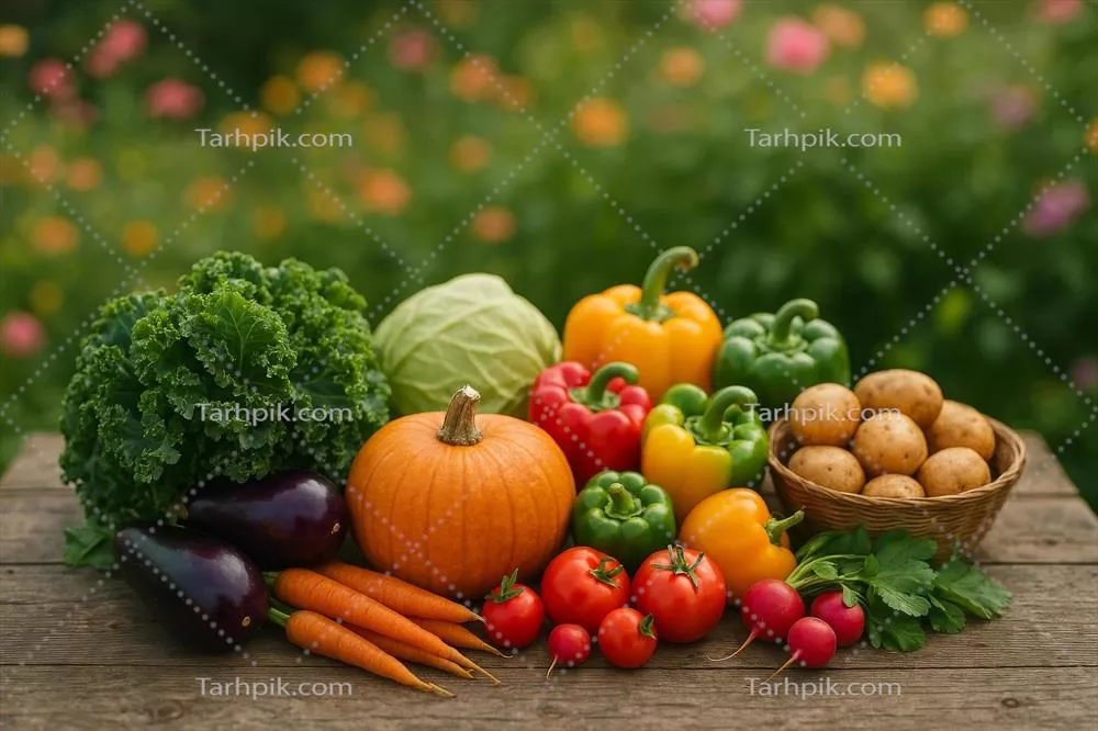 عکس سبزیجات تازه برداشت شده بر روی یک میز چوبی در باغی سرسبز در غروب