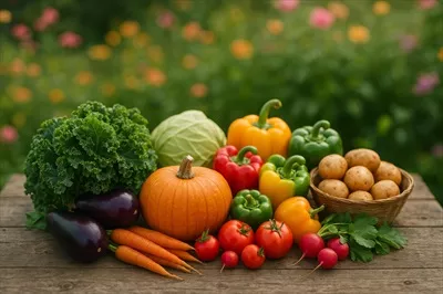 عکس سبزیجات تازه برداشت شده بر روی یک میز چوبی در باغی سرسبز در غروب
