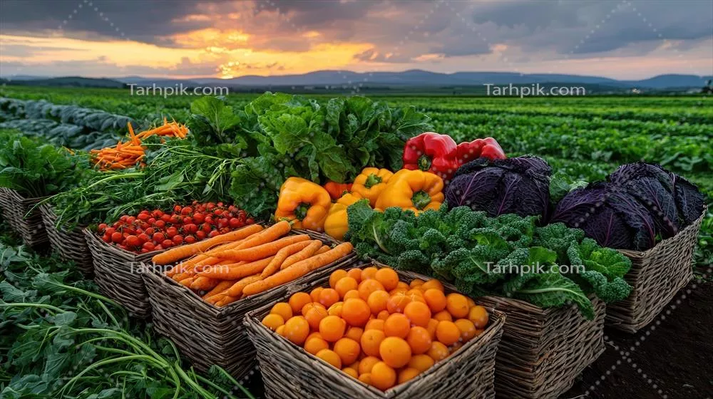 عکس محصولات تازه و ارگانیک برداشت شده در غروب آفتاب از مزارع