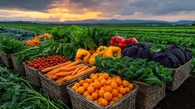 عکس محصولات تازه و ارگانیک برداشت شده در غروب آفتاب از مزارع