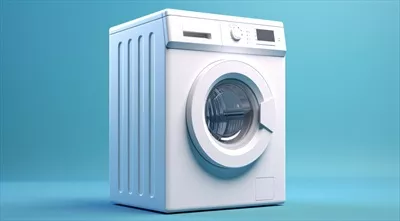 عکس ماشین لباسشویی سفید در پس زمینه آبی: یک طراحی مدرن و جذاب