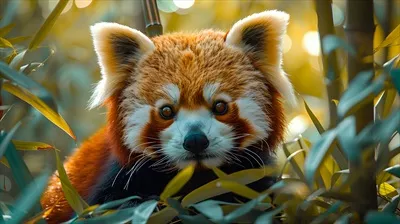 عکس پانداهای قرمز در حال تماشا از میان برگ های بامبو