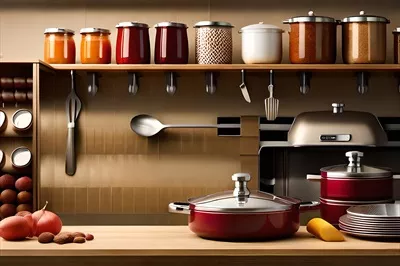عکس تصویری زیبا از یک آشپزخانه با ظروف و قابلمه های متنوع
