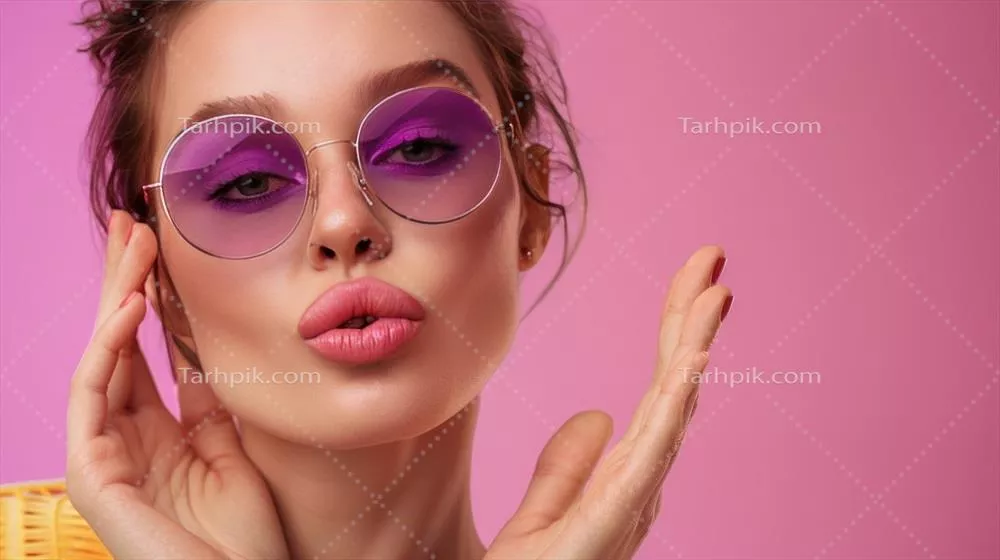 عکس مدل لباس شیک و جذاب با عینک آفتابی بنفش و آرایش زنده و زیبا