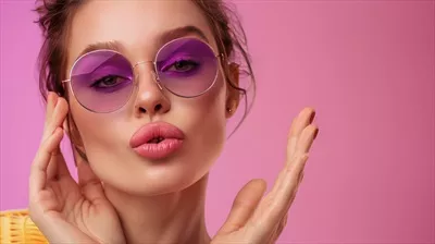 عکس مدل لباس شیک و جذاب با عینک آفتابی بنفش و آرایش زنده و زیبا